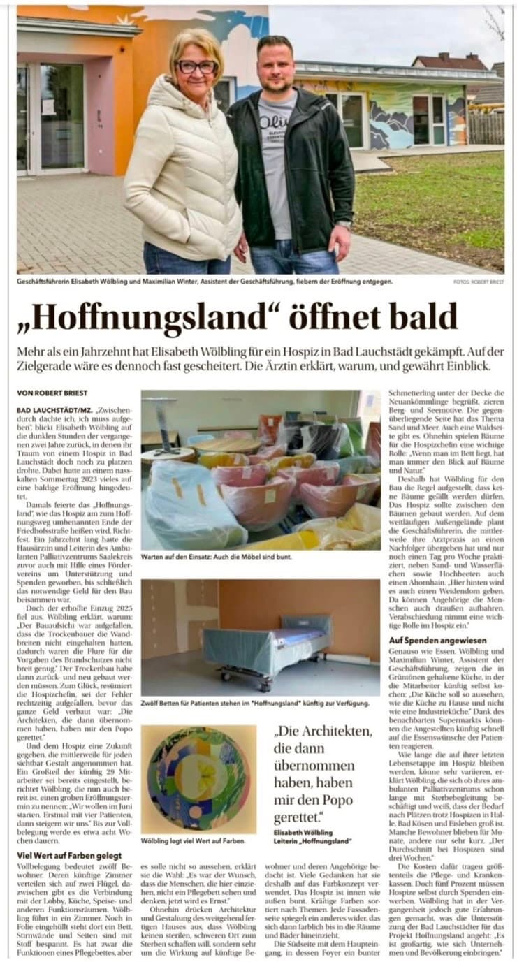 Presseartikel über das Hospiz Hoffnungsland